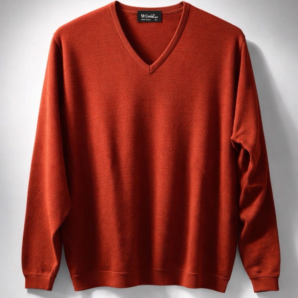 St. Croix Shop Mens XL V-Neck Sweater 100% Wool Burnt Orange Made in USA Vintage